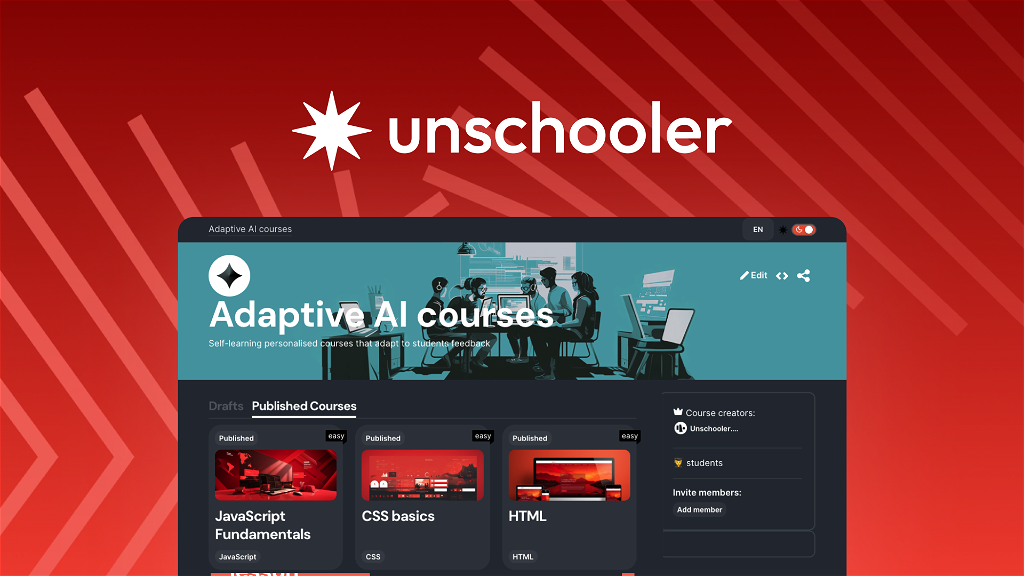 Unschooler
Lifetime deal
Use AI to quickly generate courses that include video content, quizzes, and daily tasks