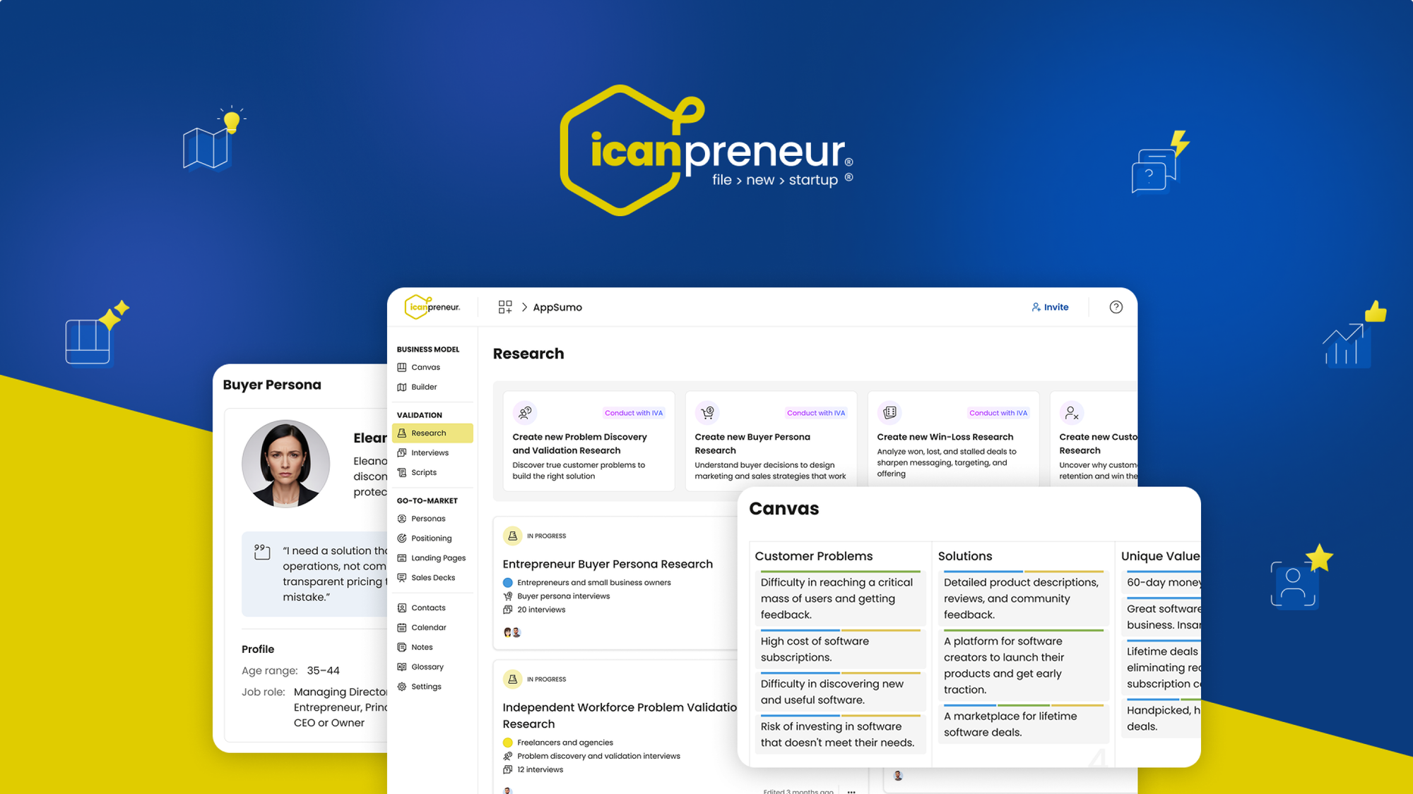 Icanpreneur dashboard showing startup validation interface