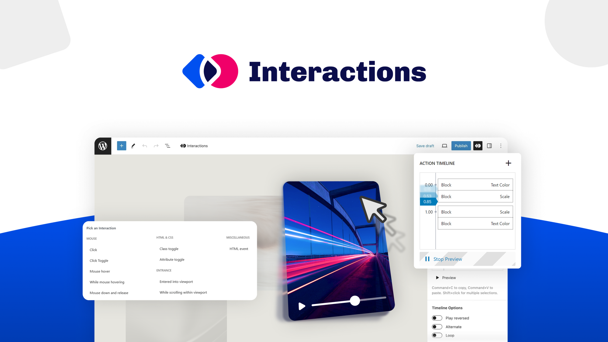 Interactions plugin interface inside WordPress Gutenberg block editor