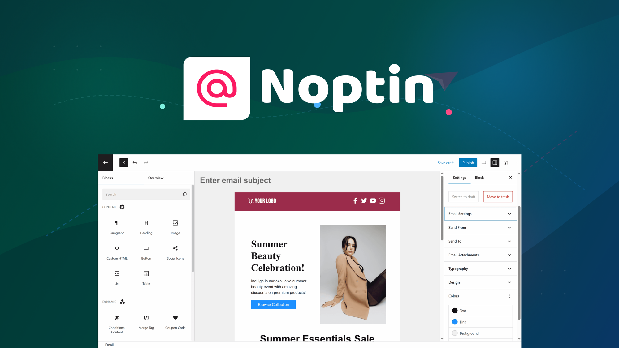 Noptin email campaign editor showing drag-and-drop interface