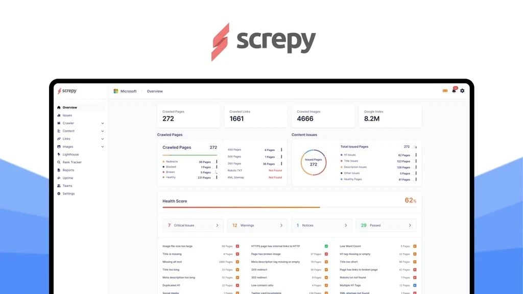 Screpy SEO dashboard overview