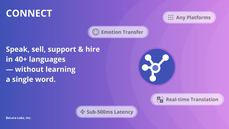 Connect desktop app interface showing live translation settings — language selection, voice preference, instant mode, speaker labeling, and noise suppression controls thumbnail