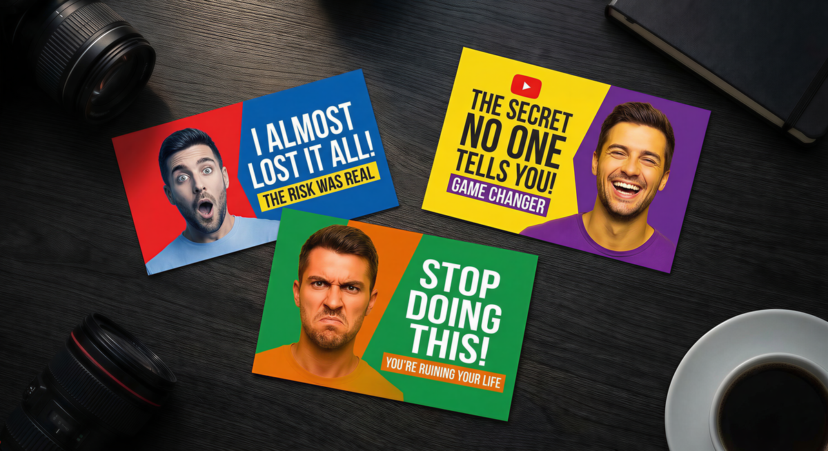 YouTube thumbnail flat-lay with 3 bold thumbnail designs on desk