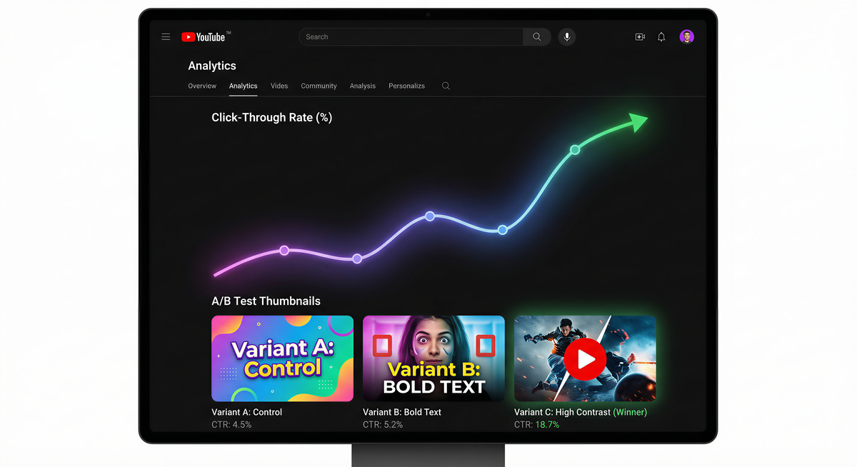 YouTube analytics showing A/B test thumbnail CTR results
