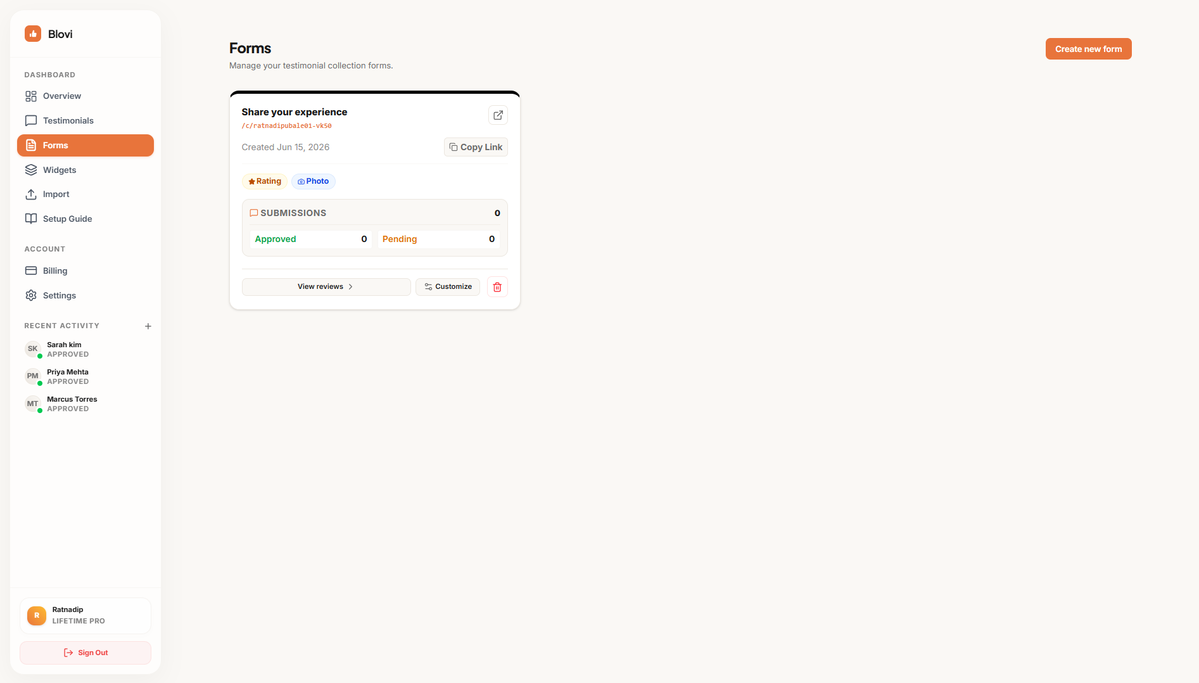 Customer testimonial collection form for gathering reviews, ratings, and feedback from clients.