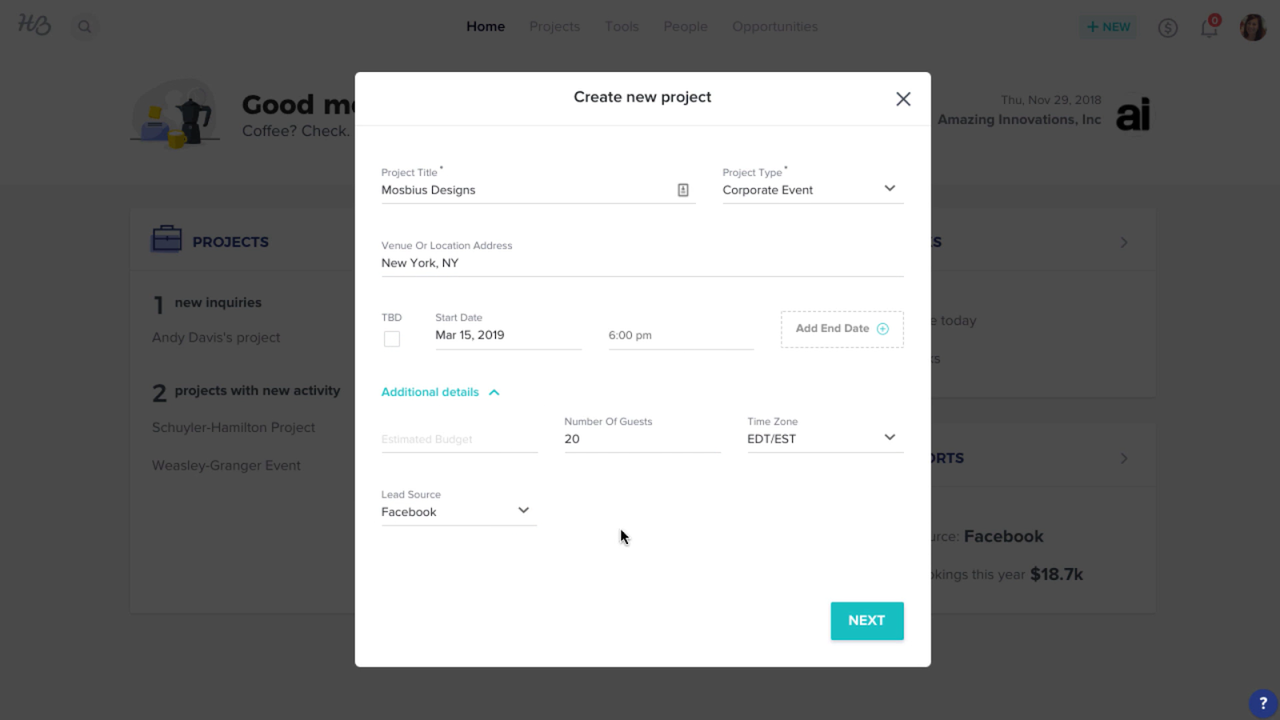 Create a new project with important details (including lead source)