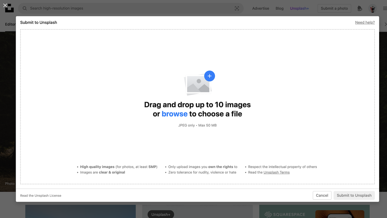 Submit images to Unsplash
