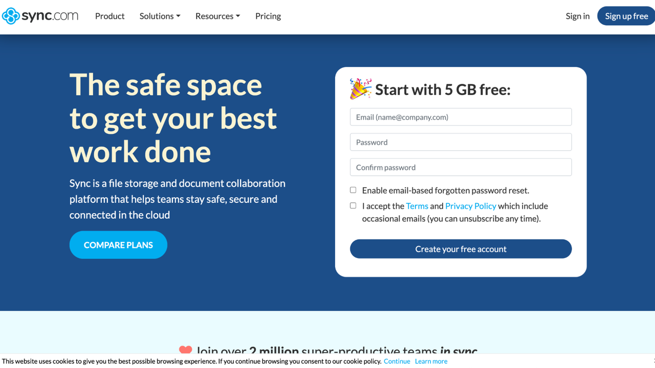 Sync.com homepage