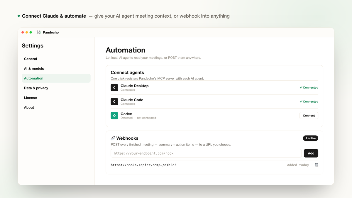 Pandecho Automation settings connecting Claude Desktop and Claude Code via its MCP server, with a Webhooks panel to POST every finished meeting to any URL.