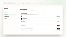 Pandecho Automation settings connecting Claude Desktop and Claude Code via its MCP server, with a Webhooks panel to POST every finished meeting to any URL. thumbnail