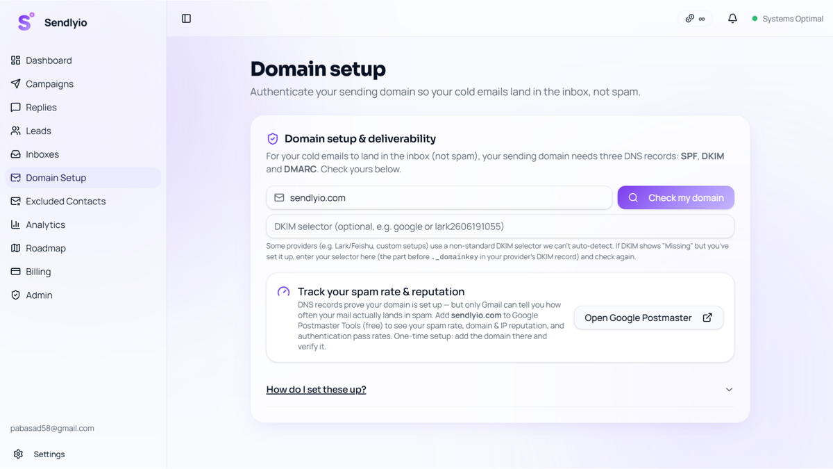 Sendlyio domain setup and deliverability checker verifying SPF, DKIM, and DMARC so cold emails land in the inbox, not spam.