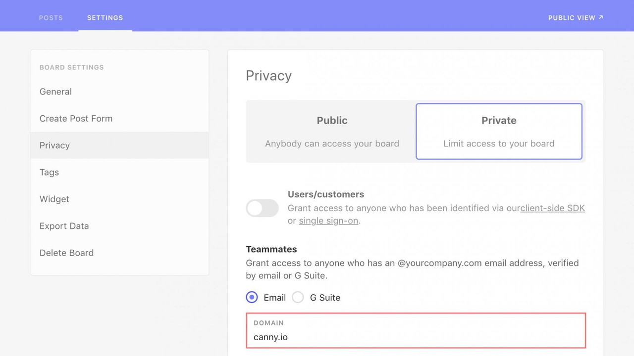 Canny subdomain privacy setting