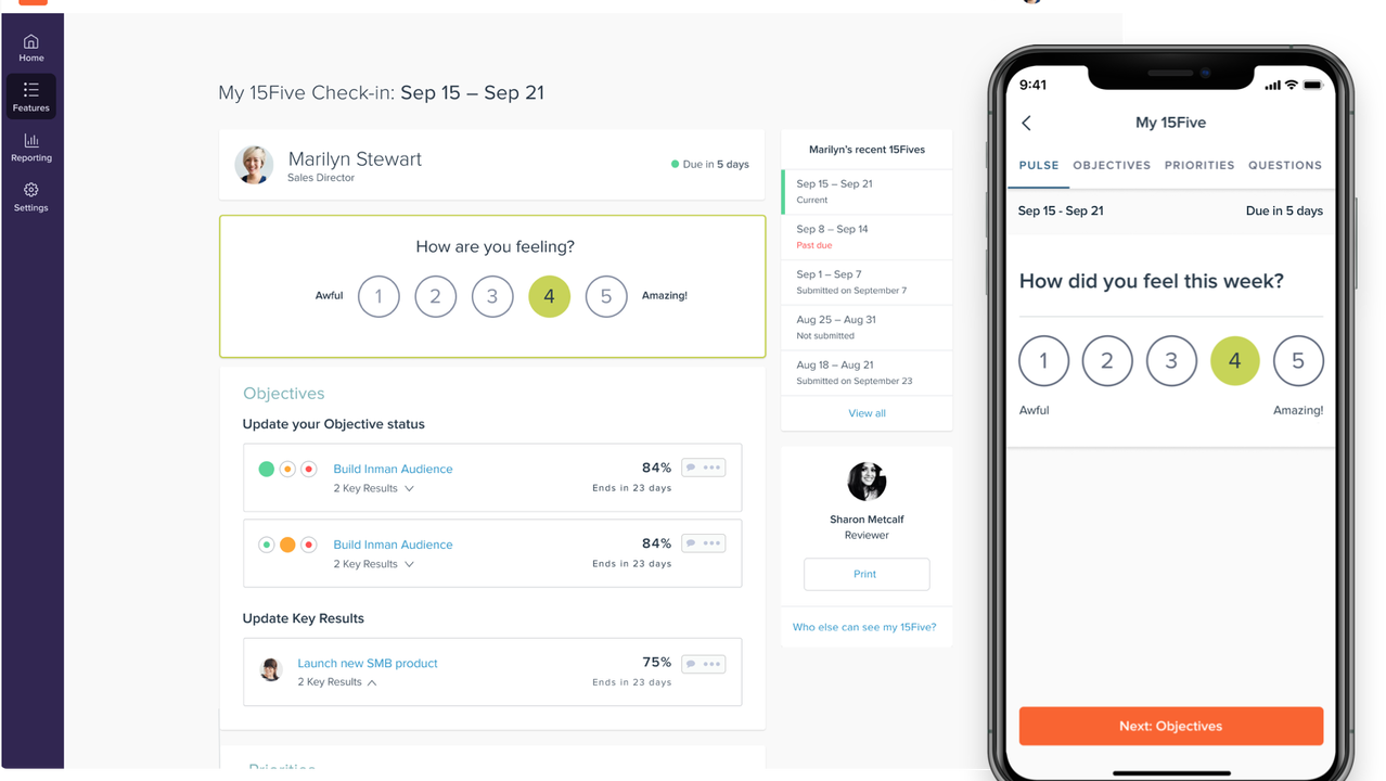 Weekly check-in on desktop and mobile