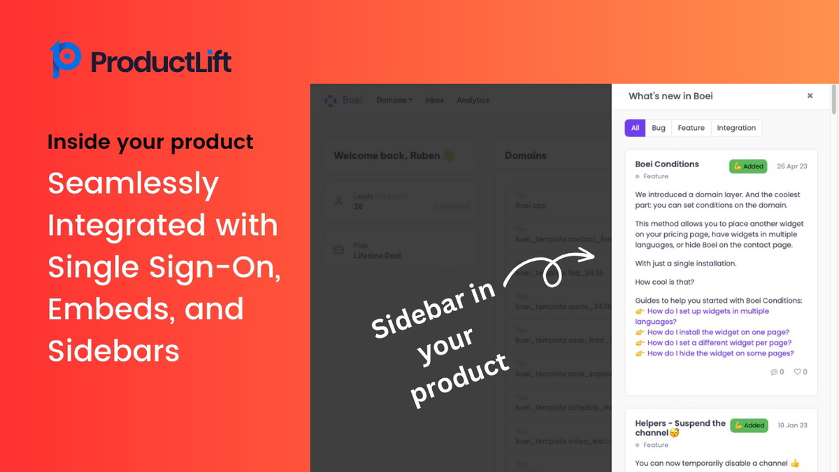Get your product into shape with ProductLift - seamlessly integrated with single sign-on, embeds, and sidebars