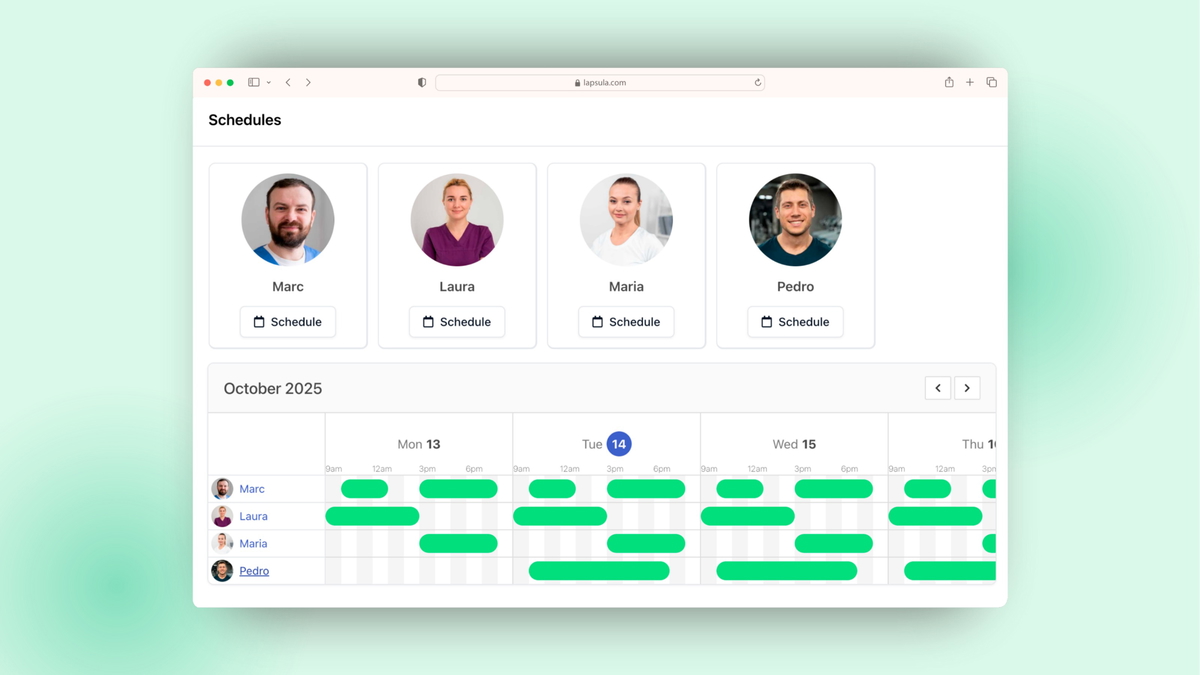 Manage your entire team's schedule, working hours, and service assignments from one intuitive dashboard.