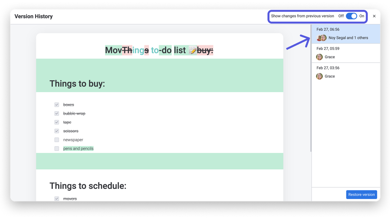 Review exact edits made from version to version