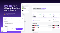 PosteAhora dashboard showing multiple brand workspaces and an "Invite a teammate" dialog with role options (Admin, Manager, Member, Viewer). thumbnail