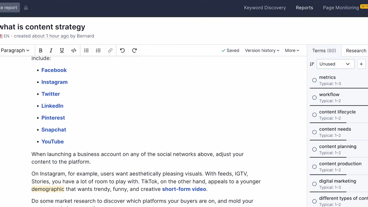 Optimize content with keywords