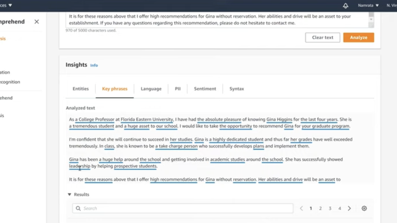 Find key phrases in text with Amazon Comprehend