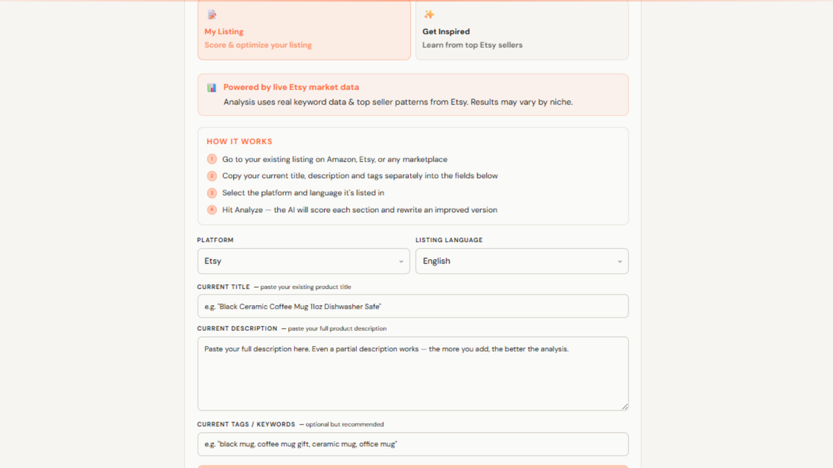 ListingAI SEO Tools - Competitor analysis powered by live Etsy market data