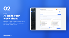 SelfManager.ai AI Plan feature generating a structured, dated plan with one task table per day. thumbnail