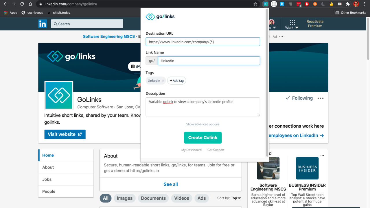 Creating a GoLink from browser extension