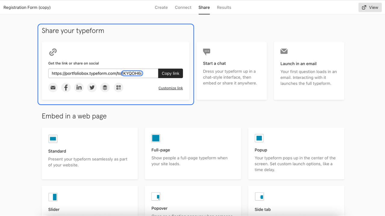 Typeform sharing options