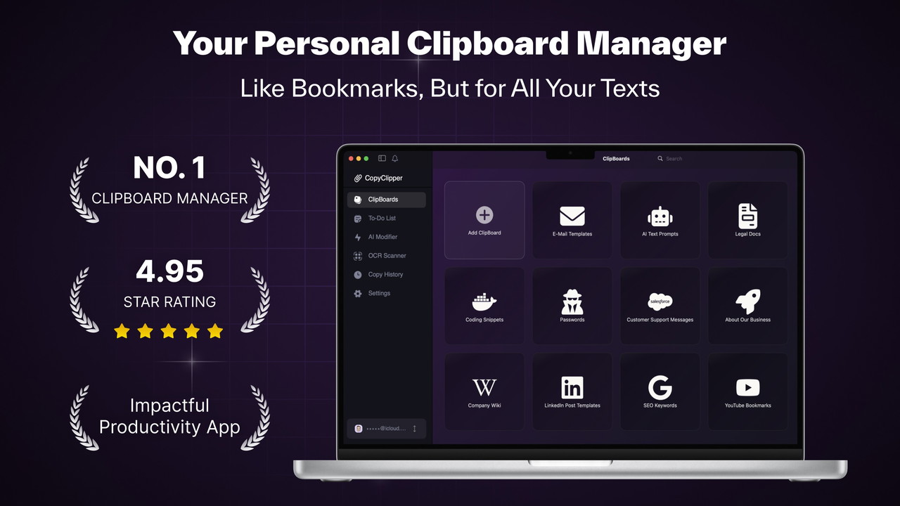 CopyClipper interface showing custom ClipBoards for organization