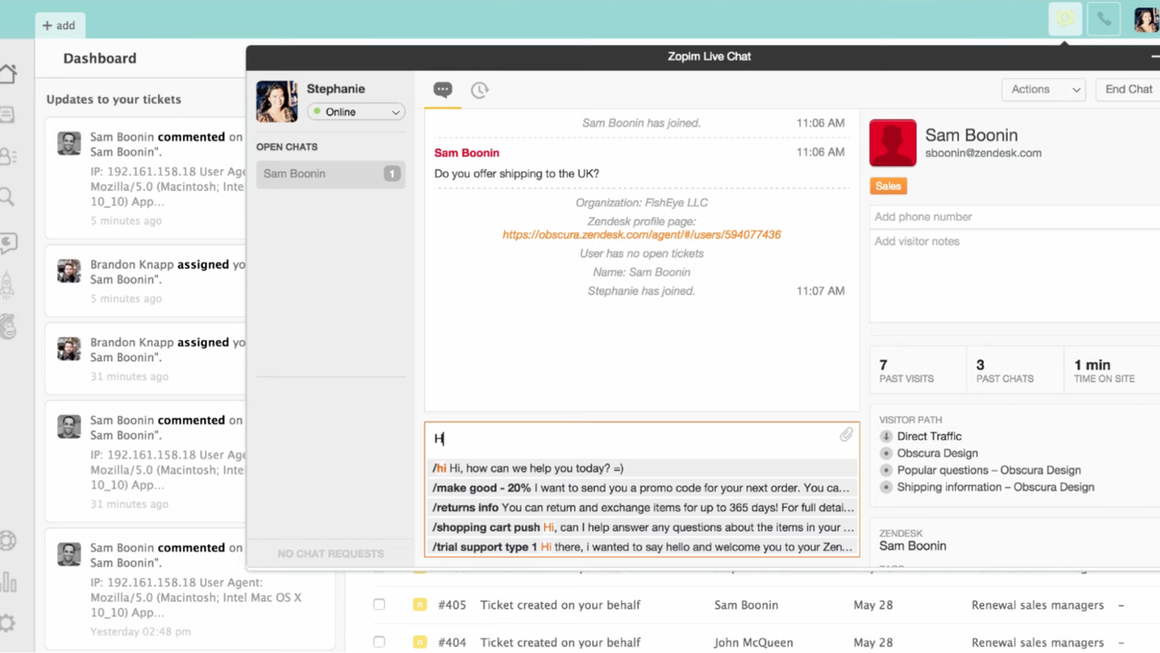 Zendesk customer support live chat
