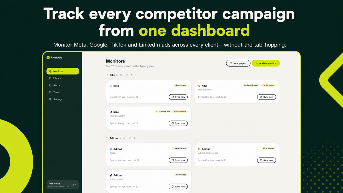 Monitor every client and competitor from one organized workspace
