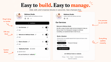 A split-screen interface showcasing a page builder on the left and a live website preview on the right. The design demonstrates drag-and-drop editing, content blocks, and real-time updates, emphasizing how users can easily build and manage their booking p thumbnail