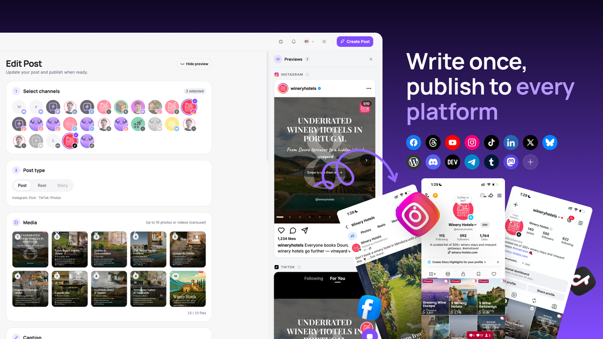 PosteAhora post composer writing one post and publishing it to 14 networks, with per-network live previews shown on desktop and mobile.