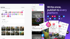 PosteAhora post composer writing one post and publishing it to 14 networks, with per-network live previews shown on desktop and mobile. thumbnail