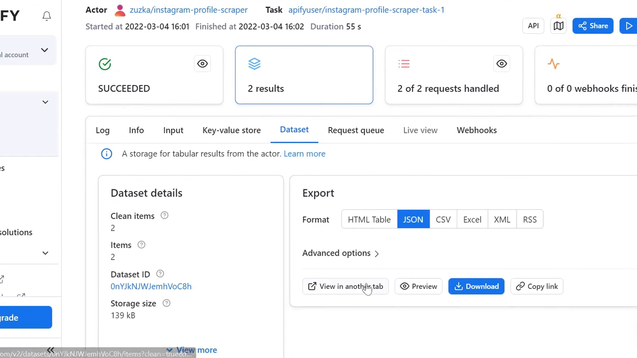 Export data from Instagram scraper