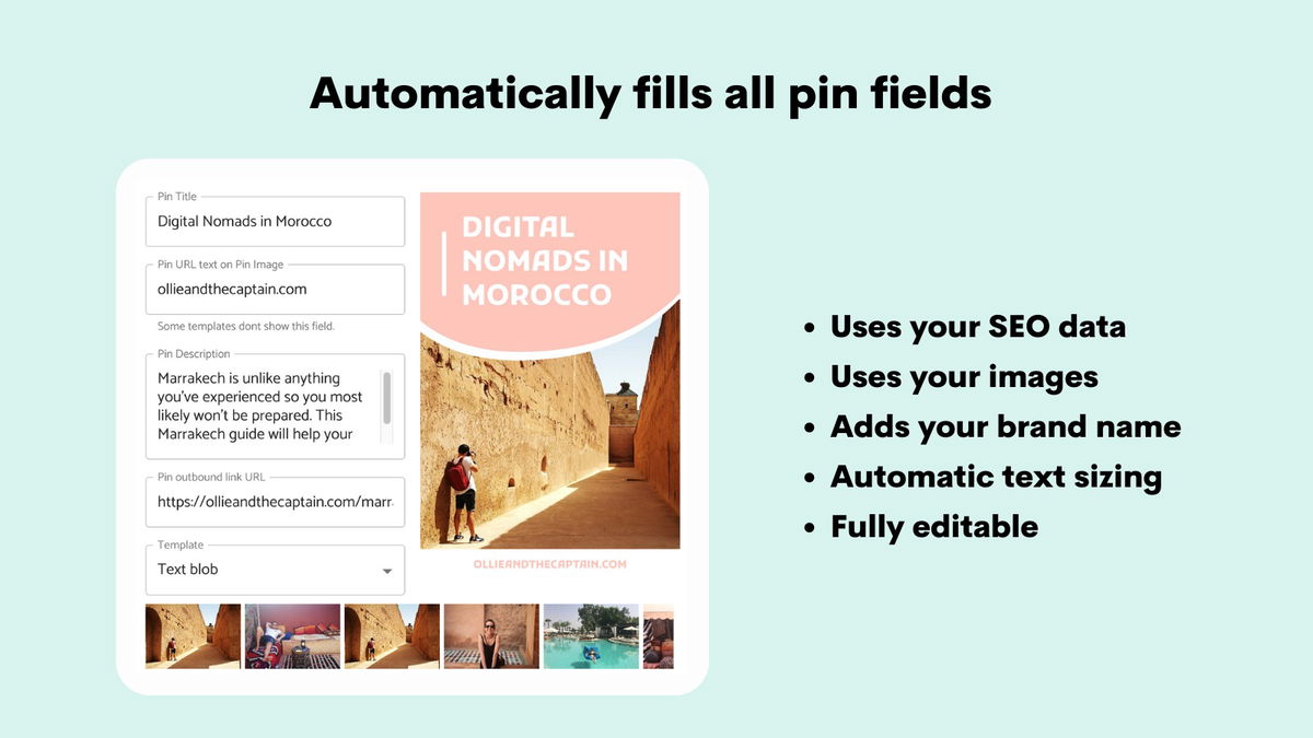 Pin Generator automatically fills all the required fields of your Pinterest pins.