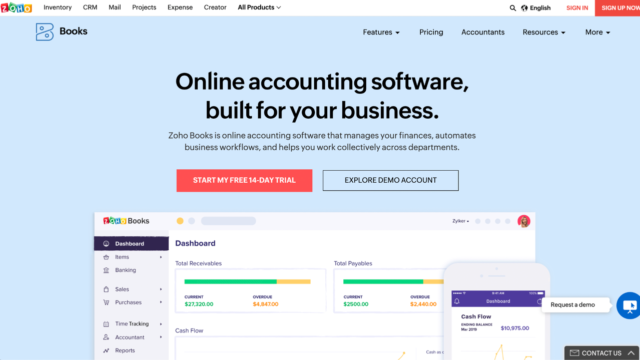 Zoho Books home page