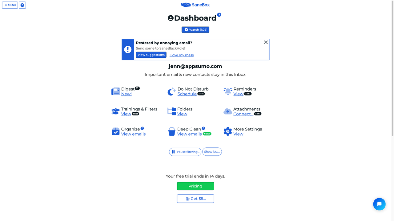 Sanebox dashboard