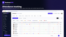 BusinessHRM attendance tracking dashboard showing daily attendance records, work-from-home status, leave, late arrivals, and monthly employee attendance summaries. thumbnail