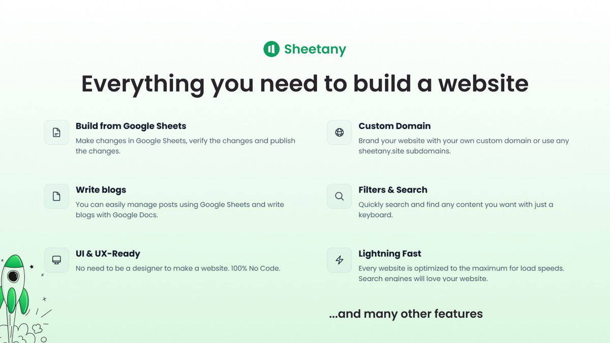 Launch a fast, modern site with filters, search, blogs, and custom domains.