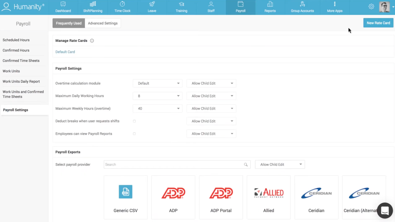 Manage rate cards and export to Payroll software
