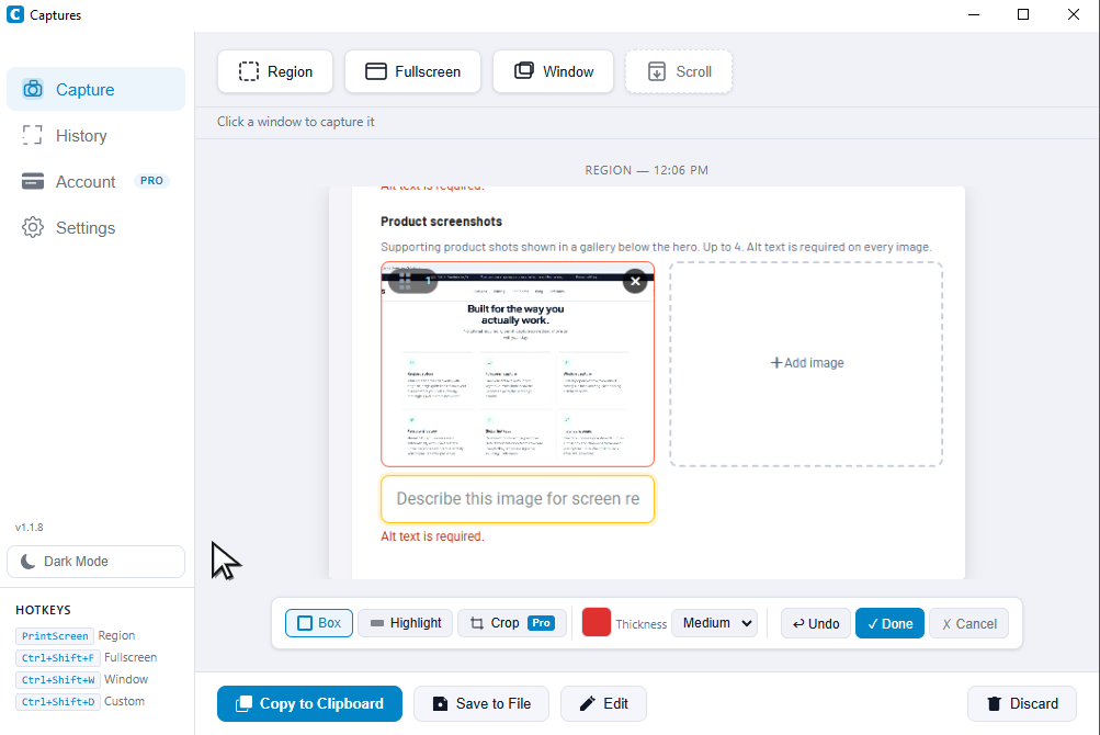 Captures Pro app showing the main capture interface with Region, Fullscreen, Window, and Scroll capture modes, annotation toolbar with Box, Highlight, and Crop tools, and options to Copy to Clipboard, Save to File, Edit, or Discard.