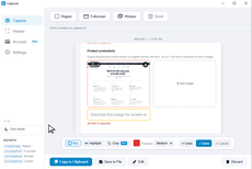 Captures Pro app showing the main capture interface with Region, Fullscreen, Window, and Scroll capture modes, annotation toolbar with Box, Highlight, and Crop tools, and options to Copy to Clipboard, Save to File, Edit, or Discard. thumbnail