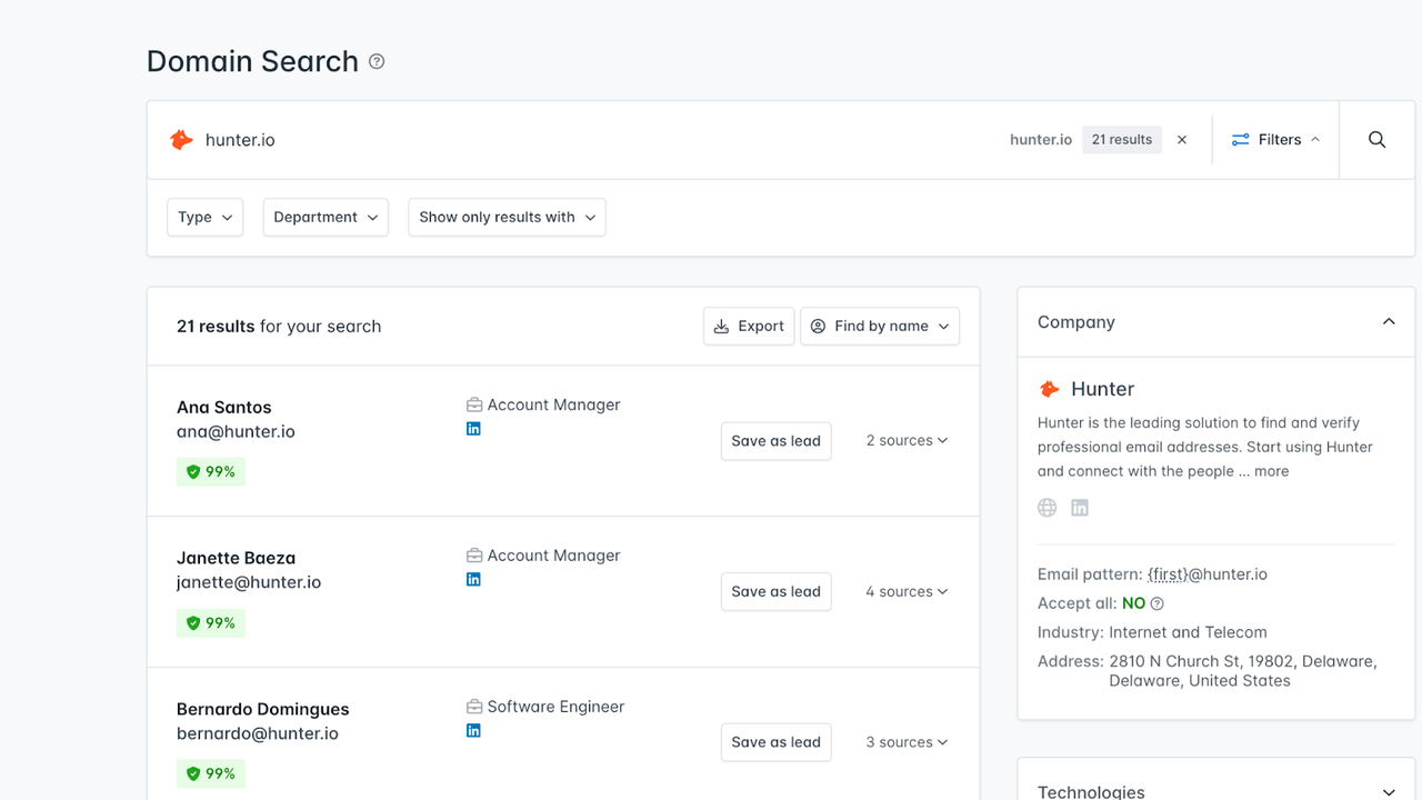Hunter.io domain search tool