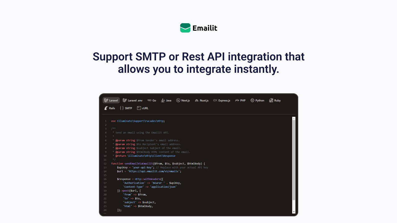 Emailit API integration diagram showing multiple languages