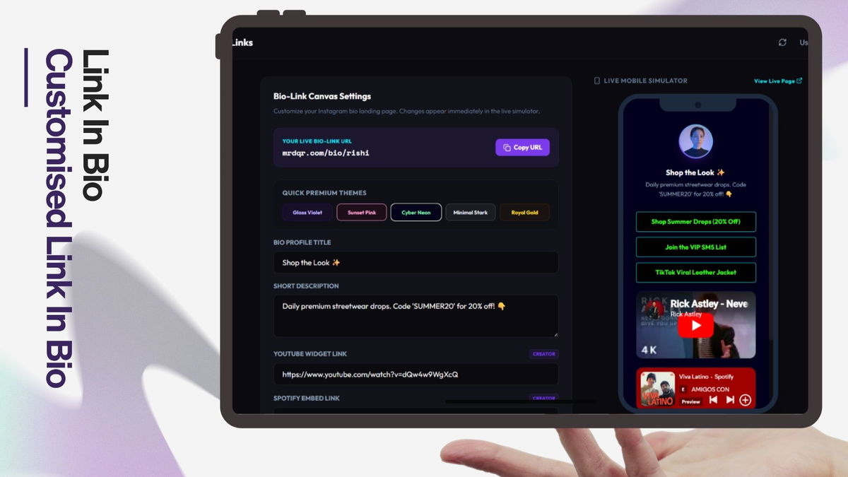 Mrdqr custom bio-link canvas editor interface for building premium social media landing pages.