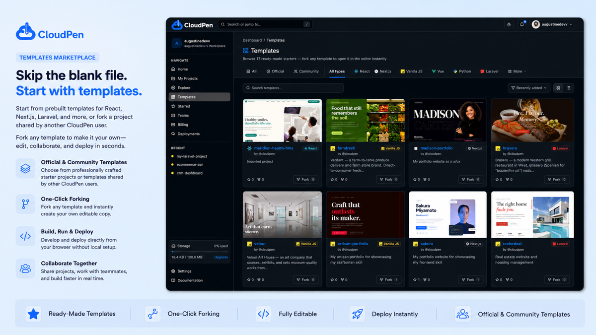 Templates Marketplace — Skip the blank file. Start from prebuilt templates for React, Next.js, Laravel, and more, or fork a project shared by another Cloudpen user.