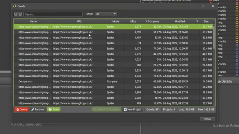 Compare sites with SEO Spider