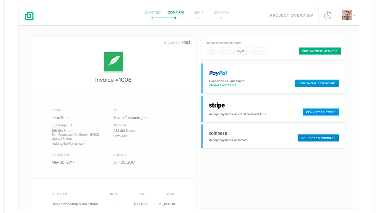 Invoice with PayPal, Stripe, and coinbase integrations