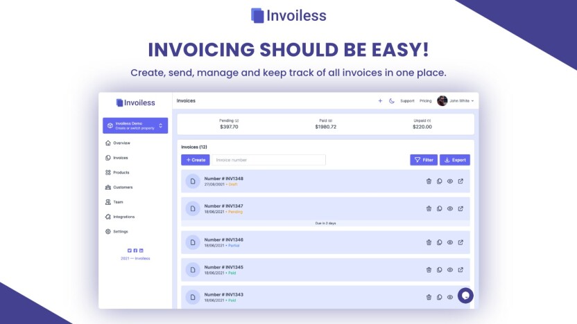 Create, send, manage, and keep track of all invoices in one place.