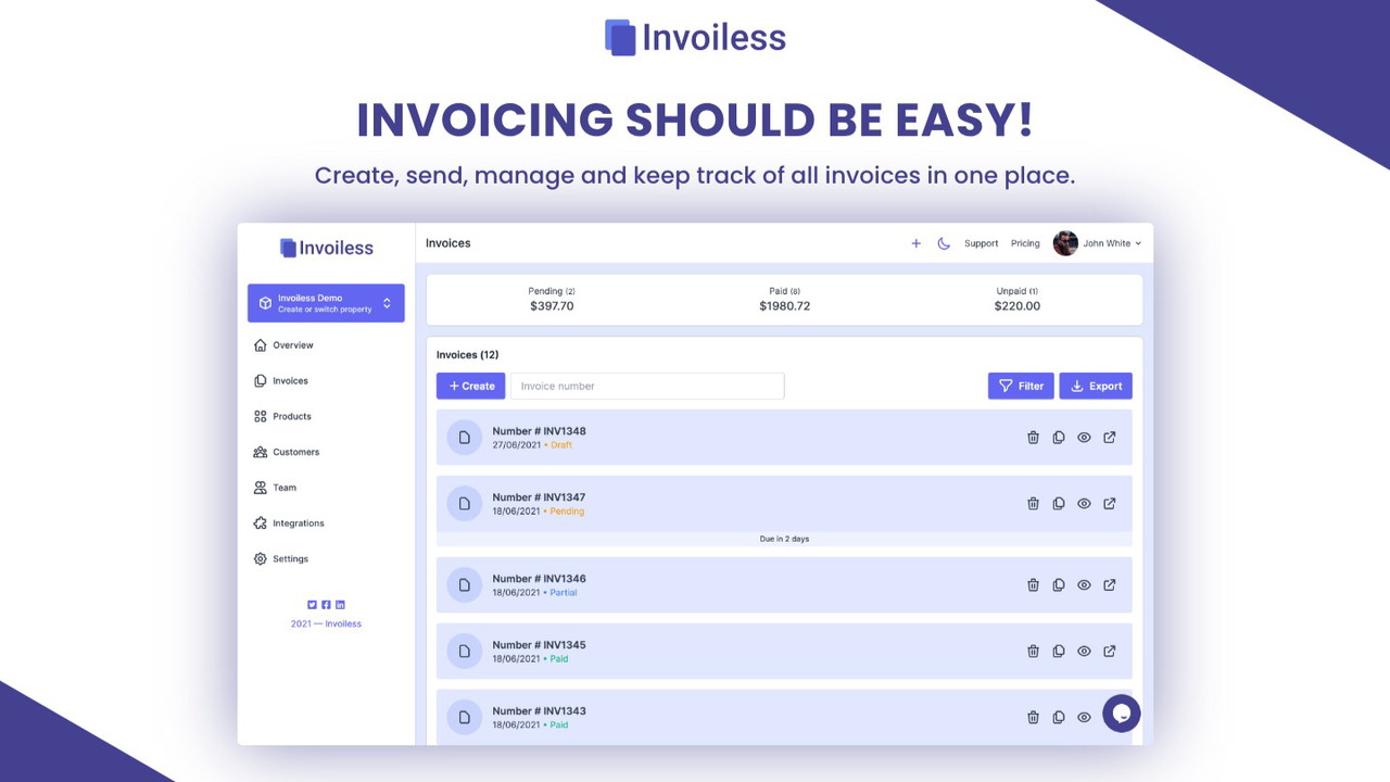 Invoiless dashboard showing invoice management
